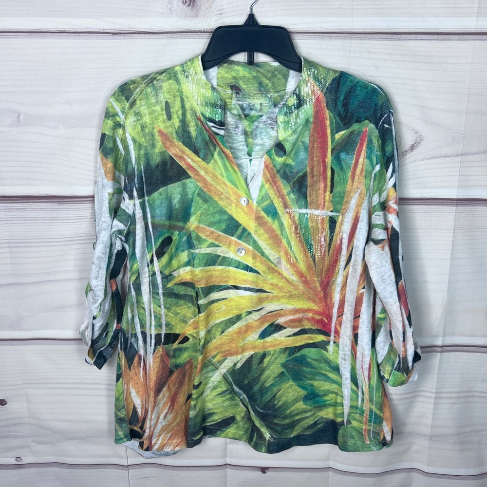 Impulse California Top Womens M Green Yellow Leaf Floral Print Knit Shirt Henley